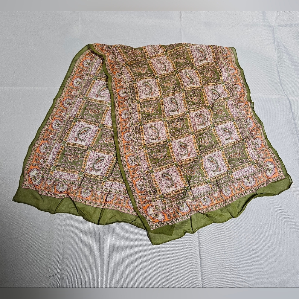 Vintage 60s Art Deco Green Orange Paisley Sheer Rectangle Scarf Made In Japan